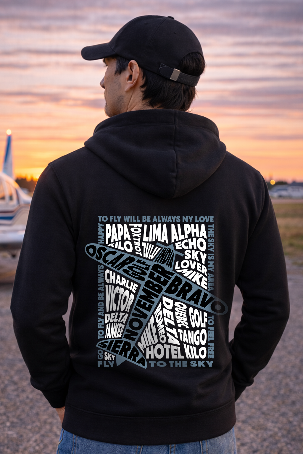 Zipper Hoodie - Pilotenalphabet mit Flugzeug mit Backprint