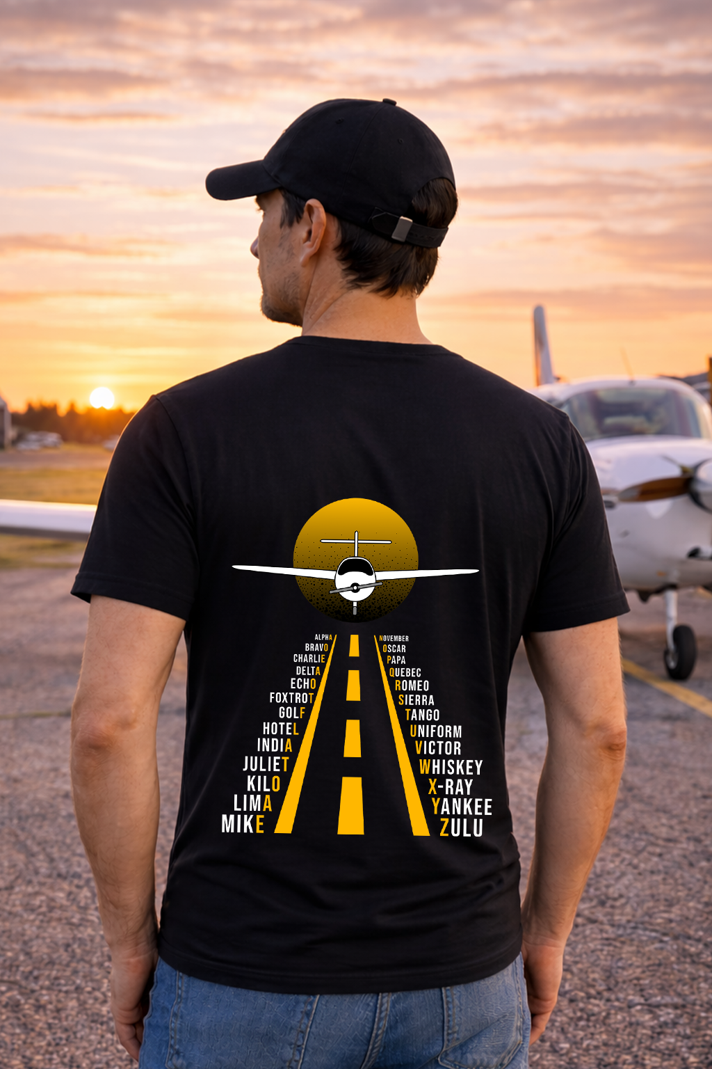 T-Shirt - Pilotenalphabet  mit Landebahn Backprint