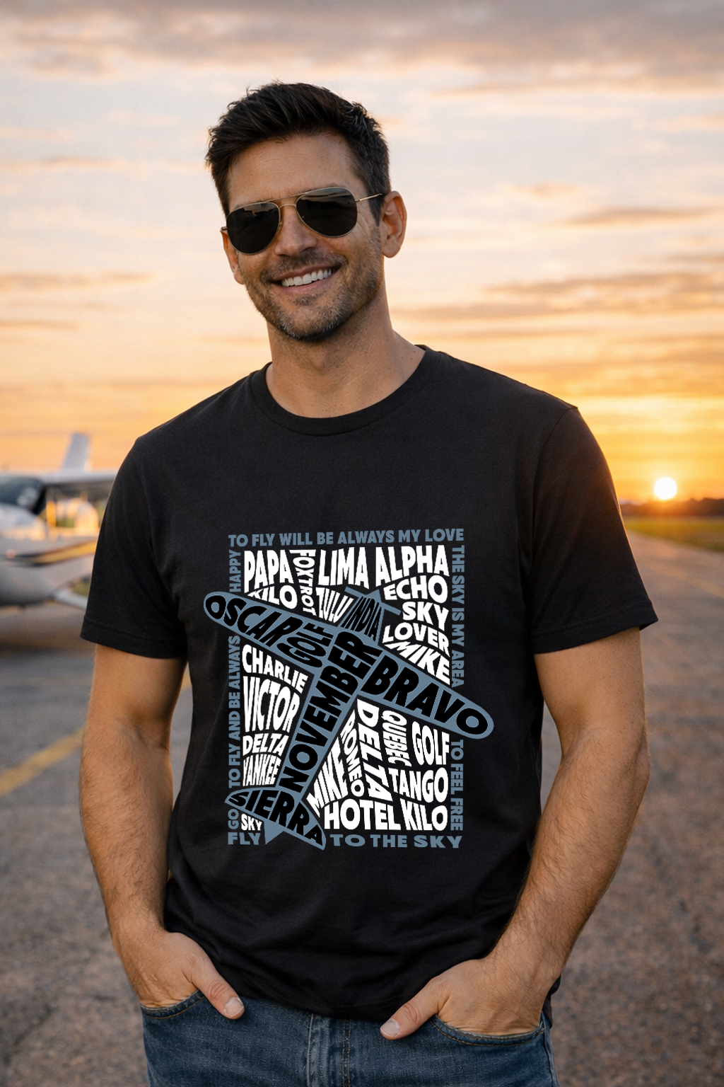 T-Shirt - Pilotenalphabet mit Flugzeug