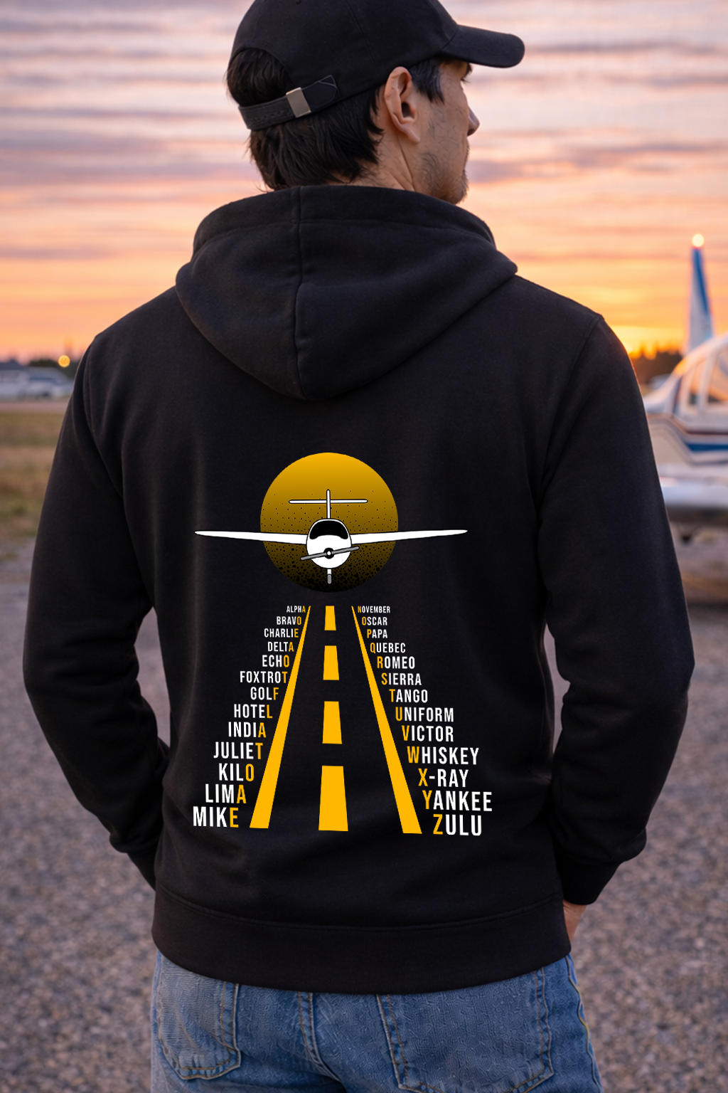 Zipper Hoodie - Pilotenalphabet  mit Landebahn mit Backprint