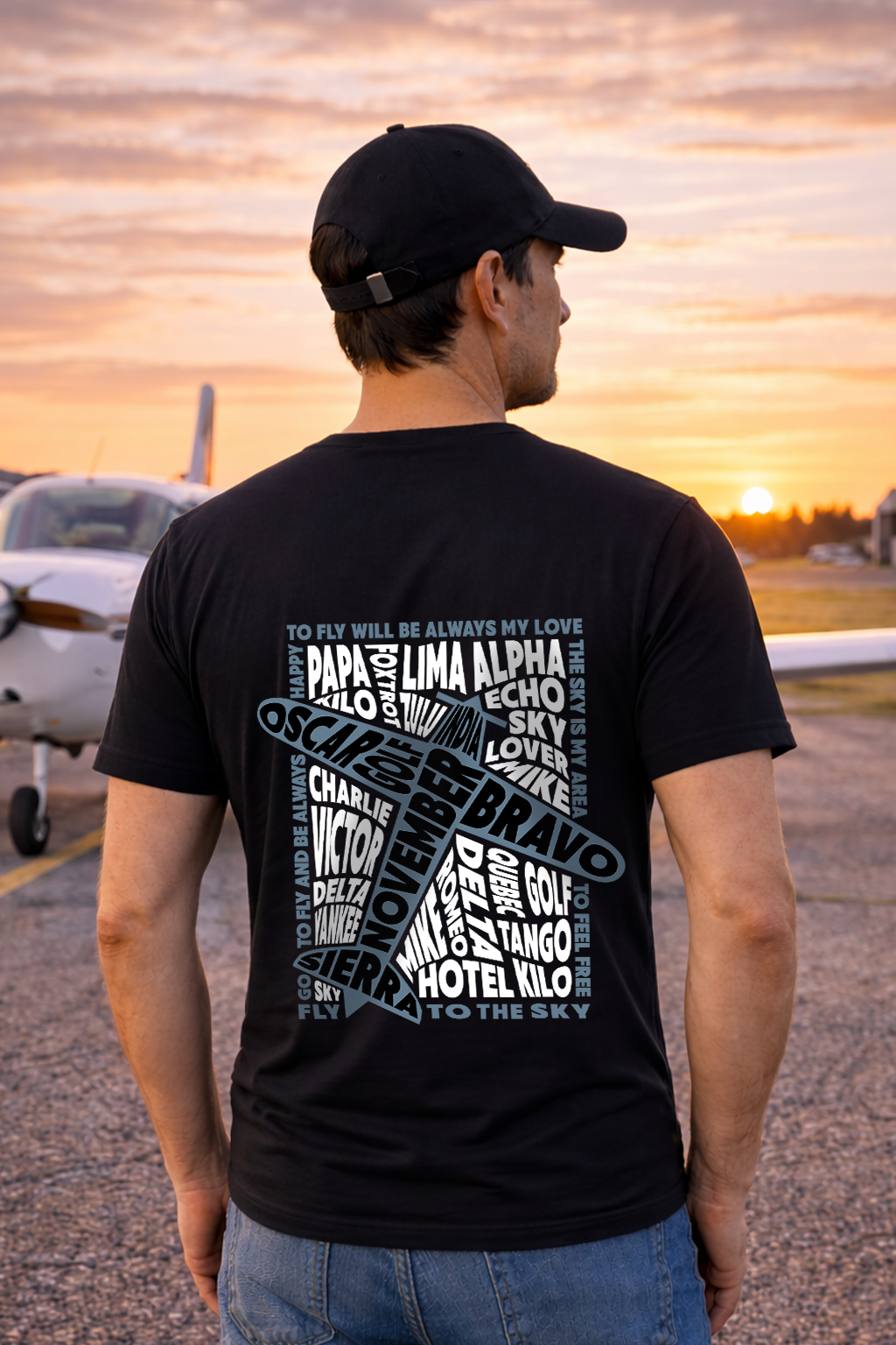 T-Shirt - Pilotenalphabet mit Flugzeug Backprint
