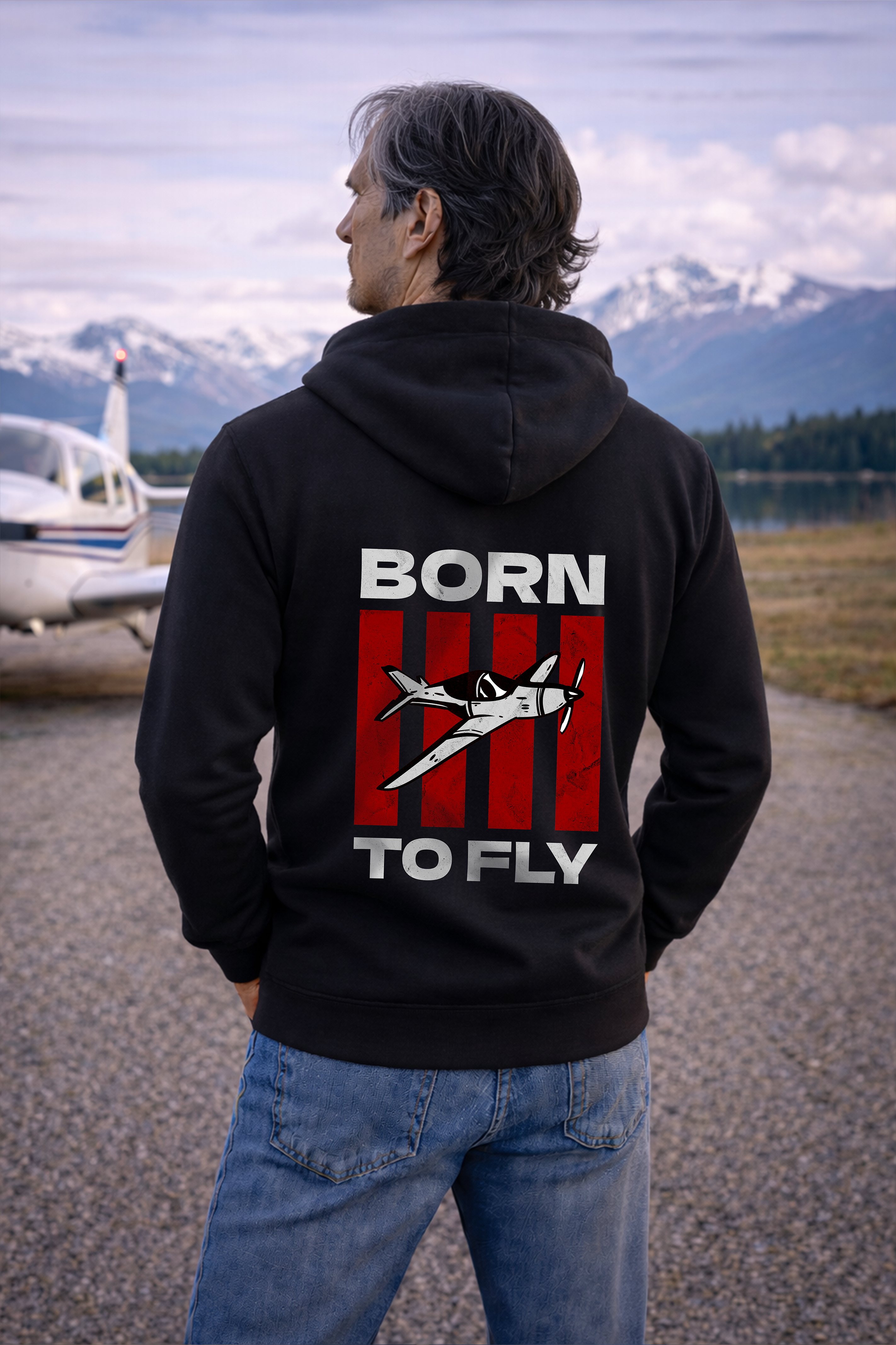 Zipper Hoodie - Born to Fly with Plane mit Backprint