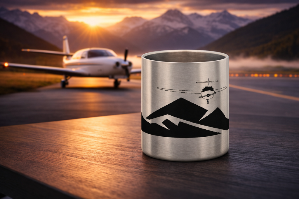 Edelstahl-Tasse mit Karabiner - Flugzeug mit Bergen