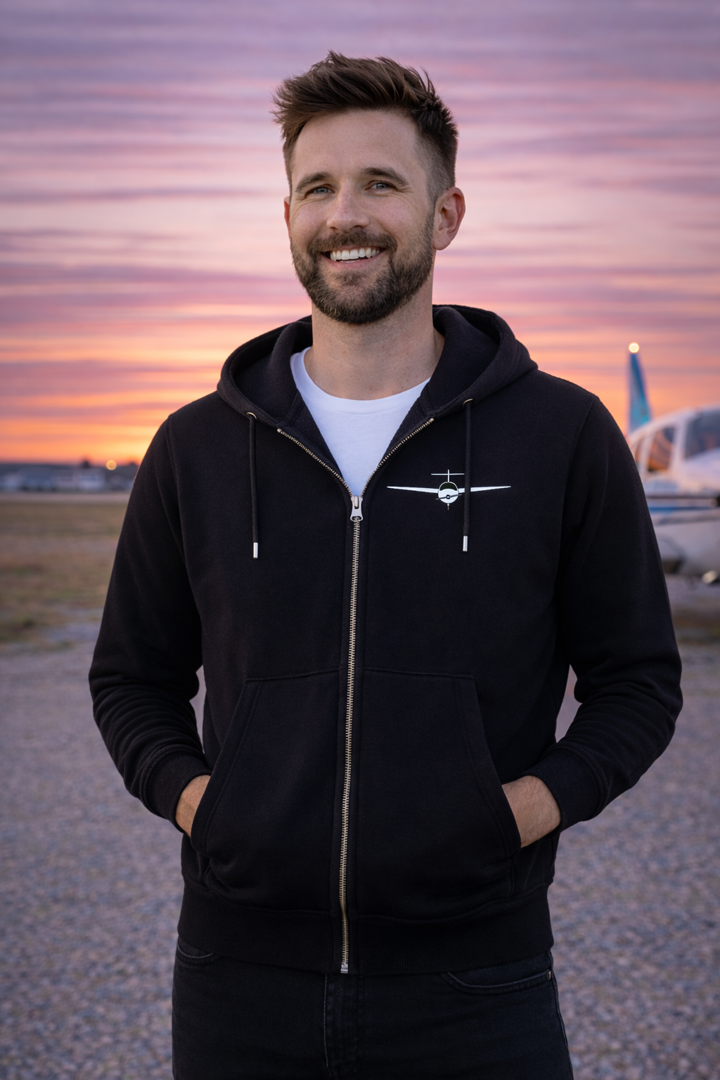 Zipper Hoodie - Pilotenalphabet mit Flugzeug mit Backprint