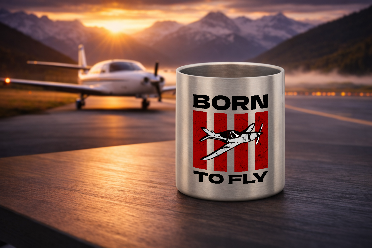 Edelstahl-Tasse mit Karabiner - Born to Fly mit Flugzeug